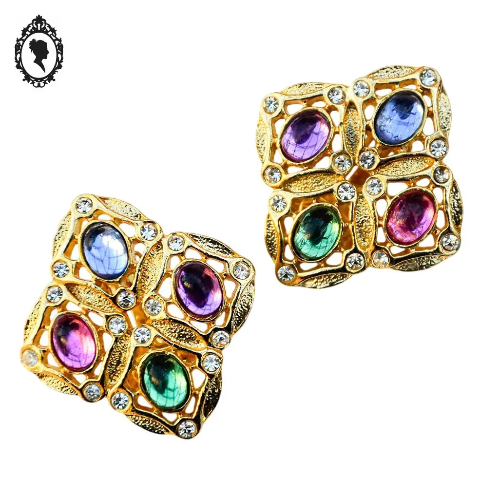Boucles d’oreilles clips métal doré losange perles cabochon vintage