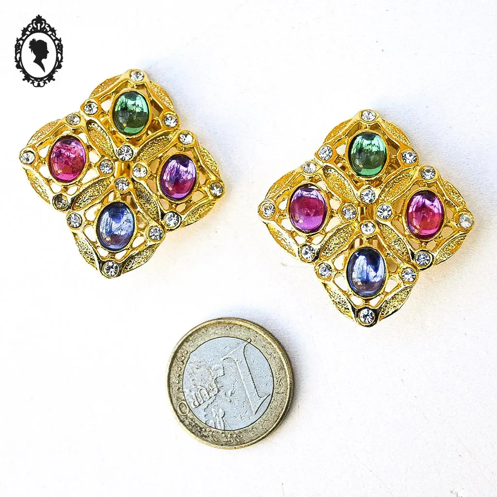 Boucles d’oreilles clips métal doré losange perles cabochon vintage – Image 2