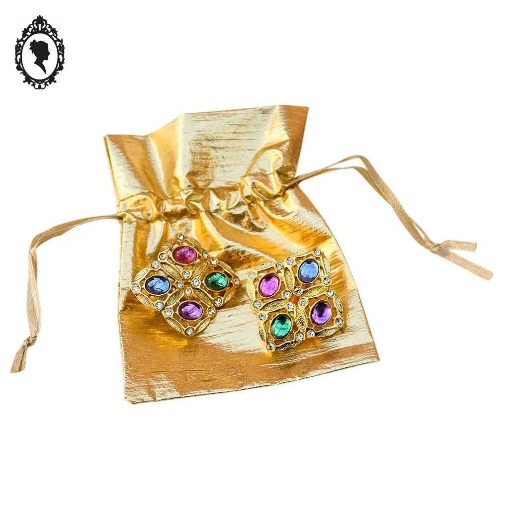 Boucles d’oreilles clips métal doré losange perles cabochon vintage – Image 3