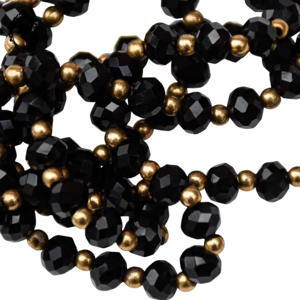 Élégant long collier fin perles de verre facetté noir et doré vintage ancien – Image 3