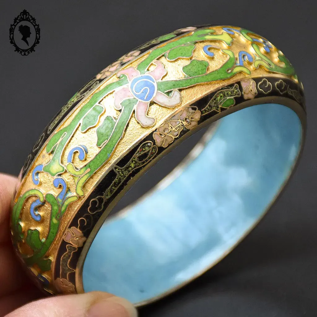 Gros bracelet jonc vert noir fleuri rigide émaux cloisonnés champlevés vintage – Image 3