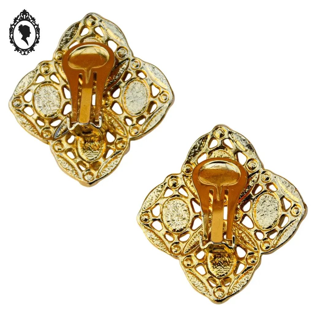 Boucles d’oreilles clips métal doré losange perles cabochon vintage – Image 4
