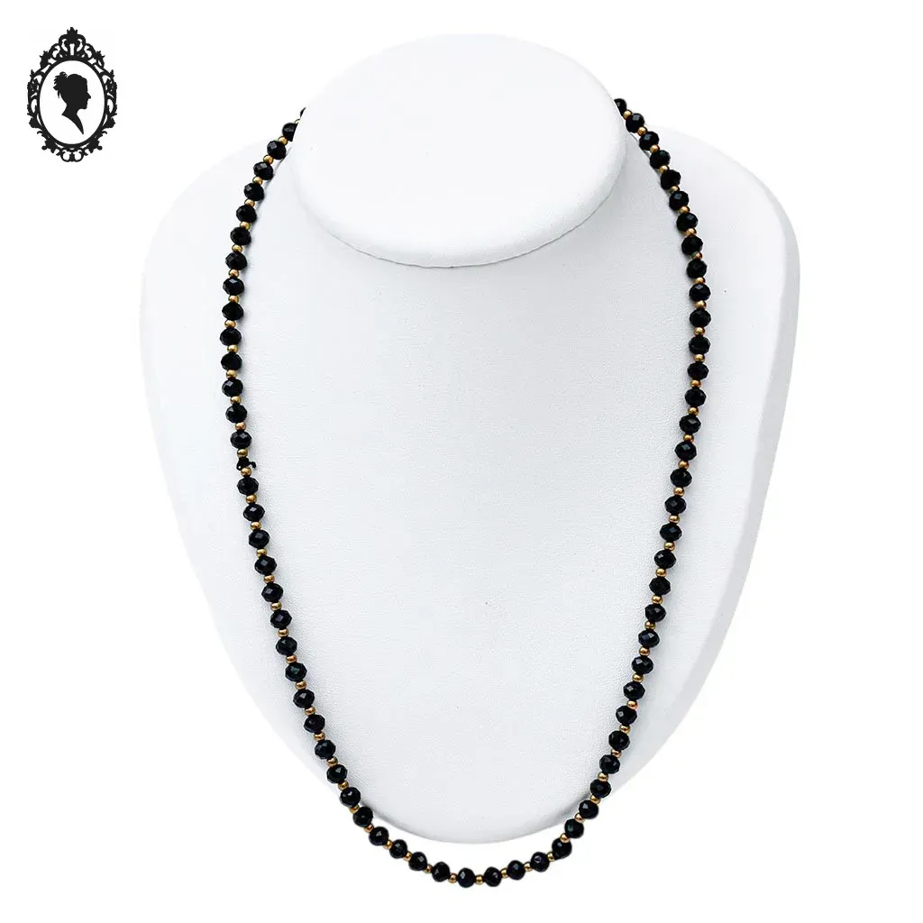 Élégant long collier fin perles de verre facetté noir et doré vintage ancien – Image 4