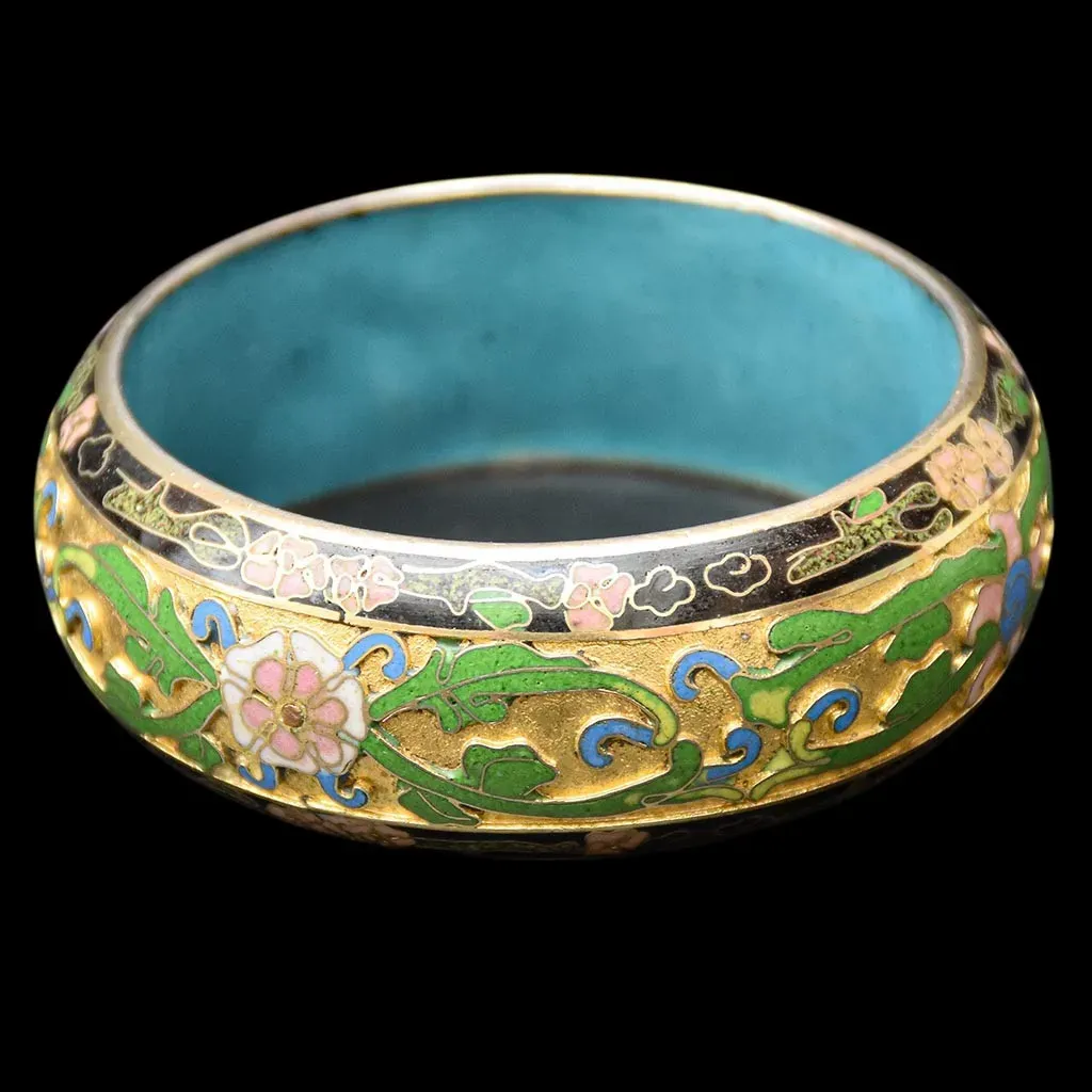 Gros bracelet jonc vert noir fleuri rigide émaux cloisonnés champlevés vintage – Image 4