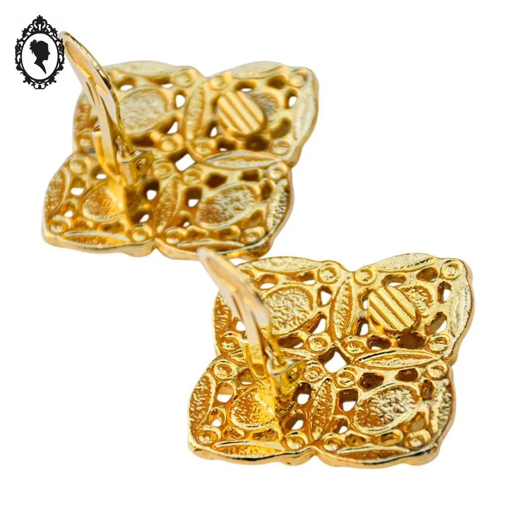 Boucles d’oreilles clips métal doré losange perles cabochon vintage – Image 5