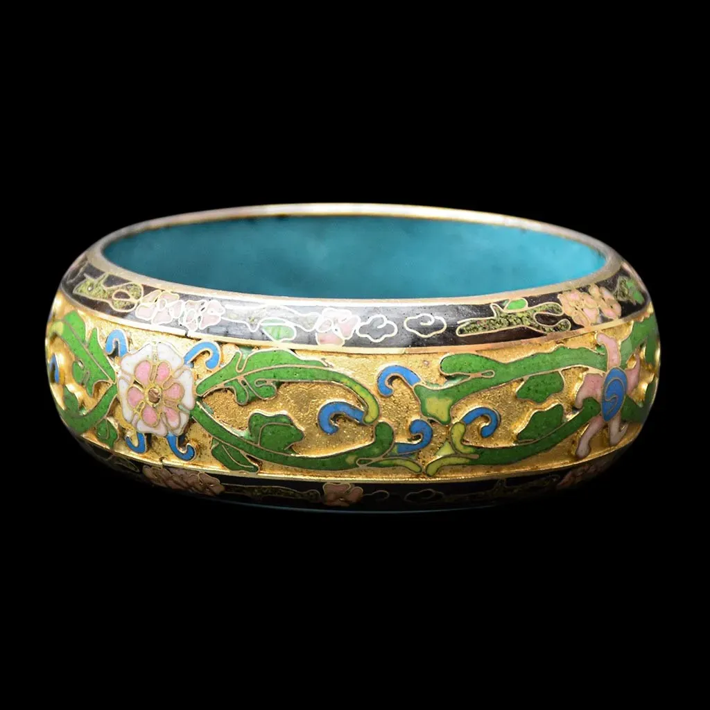 Gros bracelet jonc vert noir fleuri rigide émaux cloisonnés champlevés vintage – Image 5