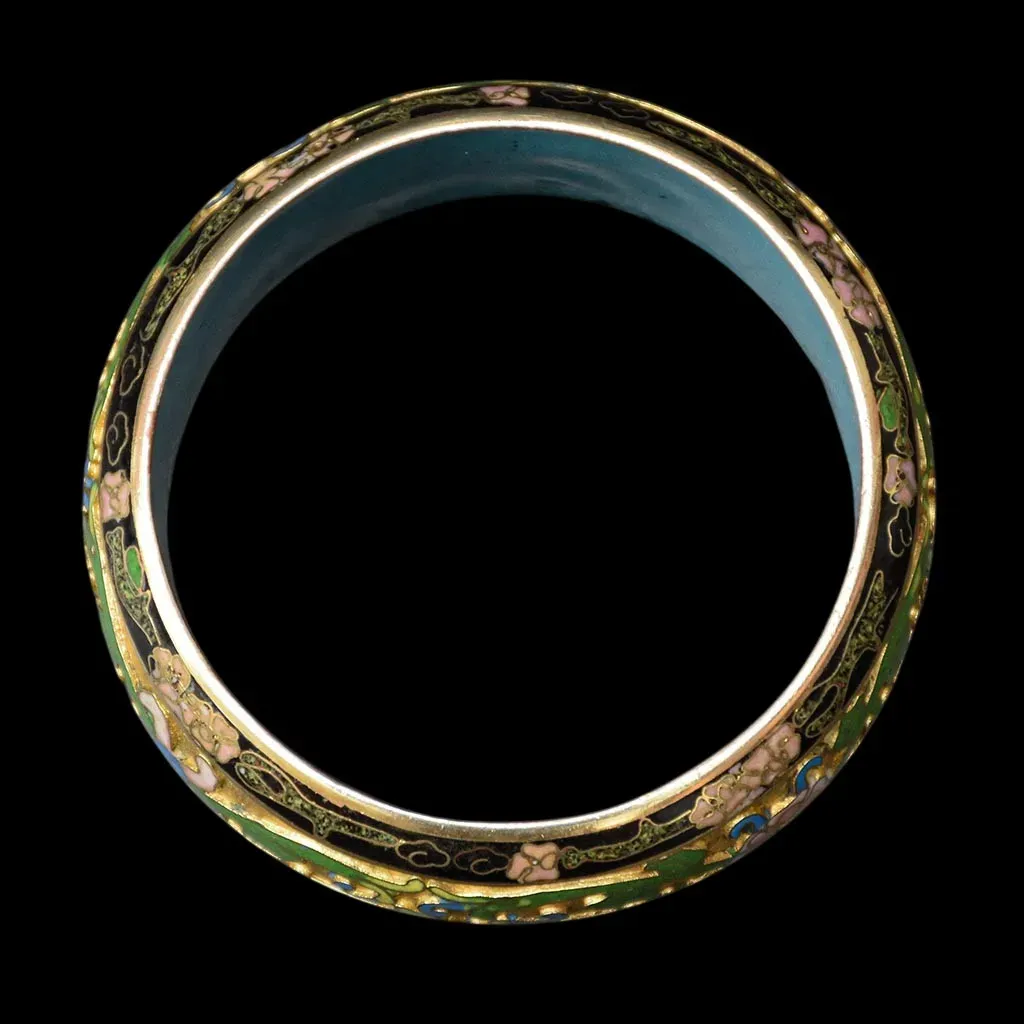 Gros bracelet jonc vert noir fleuri rigide émaux cloisonnés champlevés vintage – Image 6